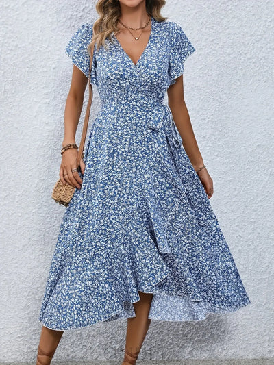 Printed Surplice Flutter Sleeve Midi Dress Trendsi OMDEL.COM