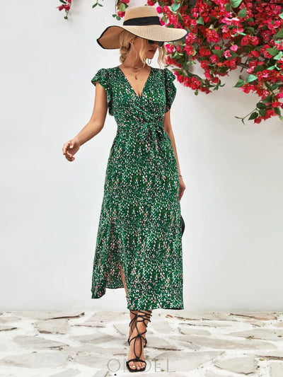 Printed Surplice Neck Flutter Sleeve Slit Dress Trendsi OMDEL.COM