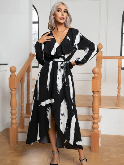 Printed Tie Front Ruffle Trim Long Sleeve Dress Trendsi OMDEL.COM