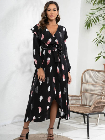 Printed Tie Front Ruffle Trim Long Sleeve Dress Trendsi OMDEL.COM