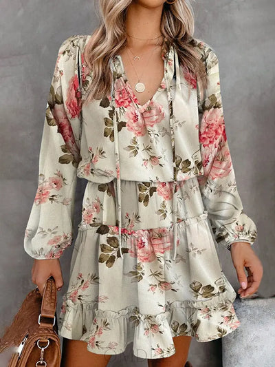 Printed Tie Neck Long Sleeve Dress Trendsi OMDEL.COM