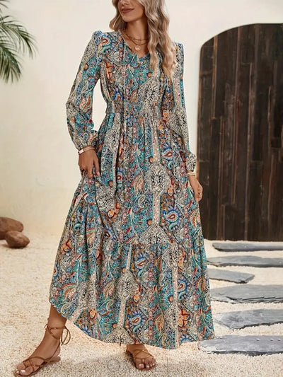 Printed Tie Neck Long Sleeve Maxi Dress Trendsi OMDEL.COM