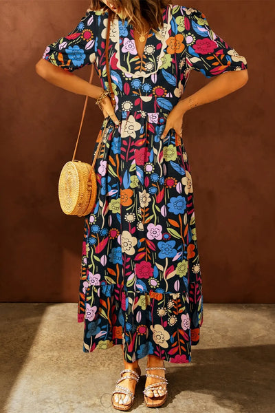 Printed V-Neck Half Sleeve Midi Dress Trendsi OMDEL.COM