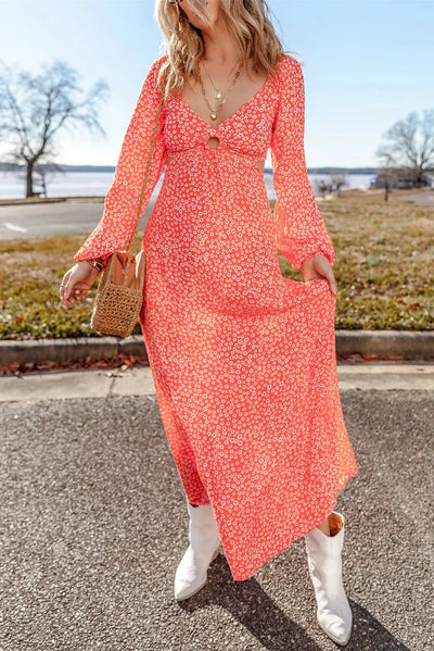 Printed V-Neck Long Sleeve Midi Dress Trendsi OMDEL.COM