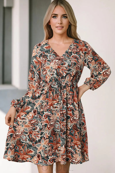 Printed V-Neck Mini Dress Trendsi OMDEL.COM