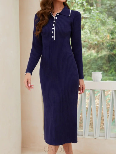 Quarter Button Long Sleeve Midi Dress Trendsi OMDEL.COM