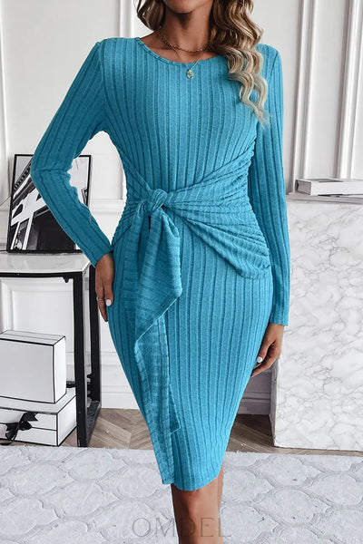 Ribbed Tied Long Sleeve Wrap Dress Trendsi OMDEL.COM