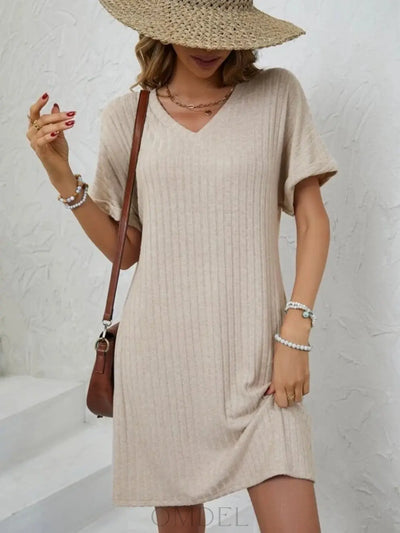 Ribbed V-Neck Short Sleeve Dress Trendsi OMDEL.COM