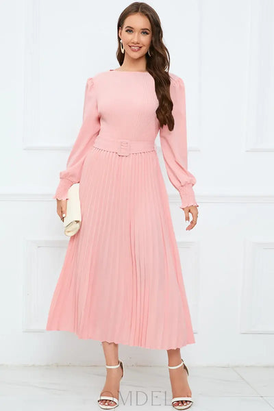 Round Neck Flounce Sleeve Pleated Dress Trendsi OMDEL.COM