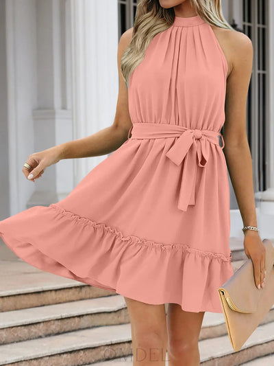 Ruched Grecian Neck Tie Waist Mini Dress Trendsi OMDEL.COM