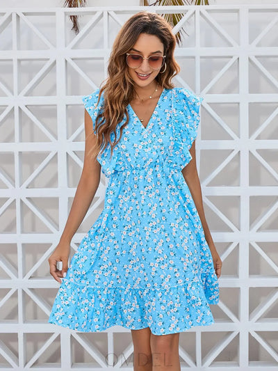 Ruffled Ditsy Floral Surplice Mini Dress Trendsi OMDEL.COM