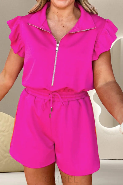 Ruffled Half Zip Cap Sleeve Romper Trendsi OMDEL.COM