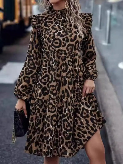 Ruffled Leopard Mock Neck Long Sleeve Mini Dress Trendsi OMDEL.COM