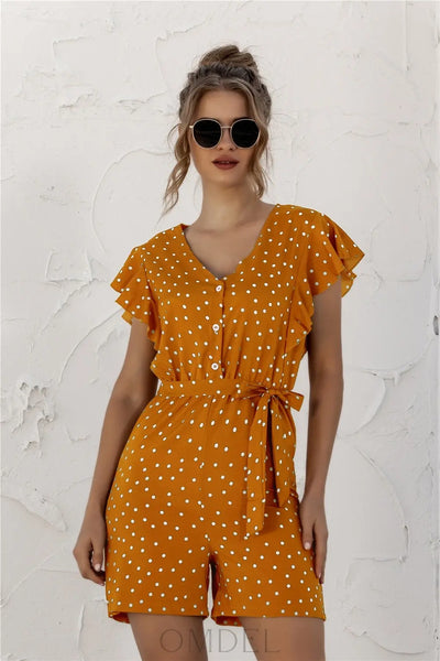 Ruffled Polka Dot Half Button Romper Trendsi OMDEL.COM