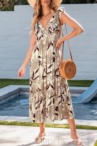 Ruffled Printed Cap Sleeve Midi Dress Trendsi OMDEL.COM