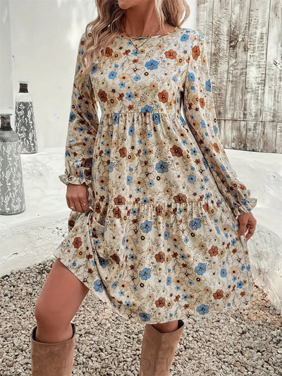 Ruffled Printed Round Neck Long Sleeve Dress Trendsi OMDEL.COM