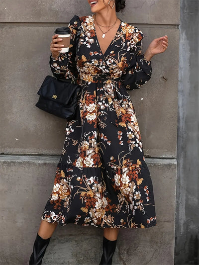 Ruffled Printed Surplice Long Sleeve Midi Dress Trendsi OMDEL.COM