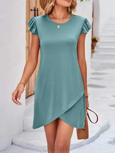 Ruffled Round Neck Cap Sleeve Mini Dress Trendsi OMDEL.COM