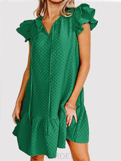 Ruffled Tie Neck Cap Sleeve Dress Trendsi OMDEL.COM