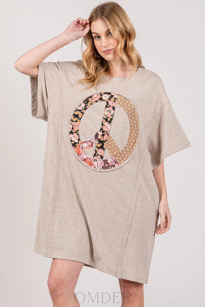 SAGE + FIG Full Size Peace Sign Applique Short Sleeve Tee Dress Trendsi OMDEL.COM