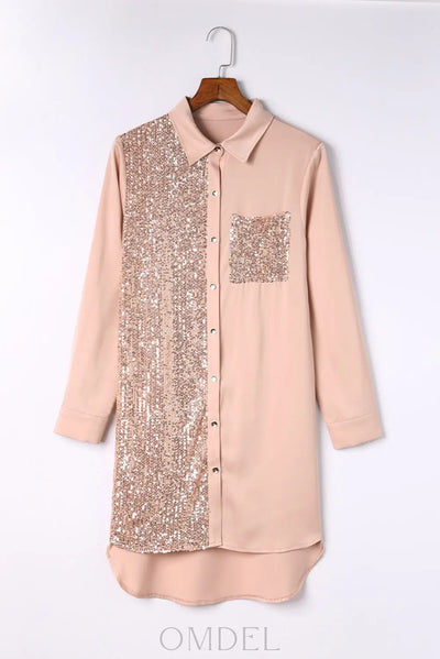 Sequin Button Front High-Low Shirt Dress Trendsi OMDEL.COM