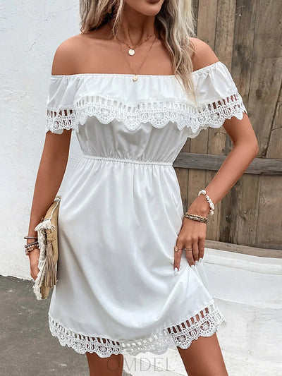 Shiny Ruched Lace Detail Off-Shoulder Dress Trendsi OMDEL.COM