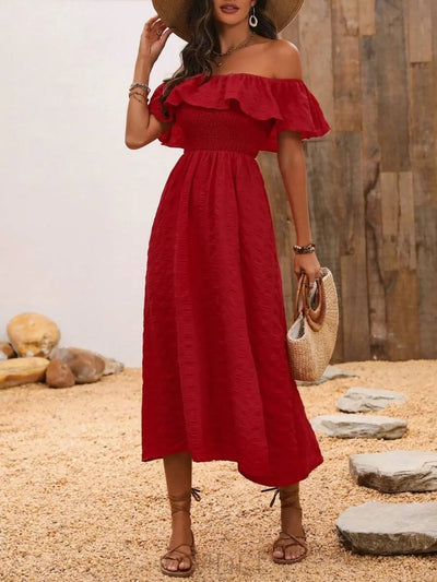 Slit Off-Shoulder Short Sleeve Midi Dress Trendsi OMDEL.COM