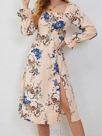 Slit Printed Square Neck Flounce Sleeve Dress Trendsi OMDEL.COM