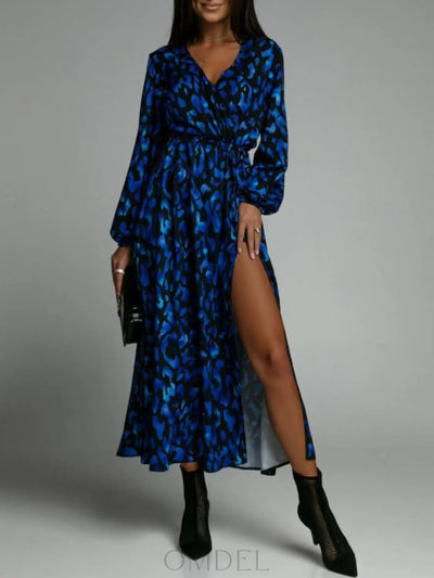 Slit Printed Surplice Long Sleeve Dress Trendsi OMDEL.COM