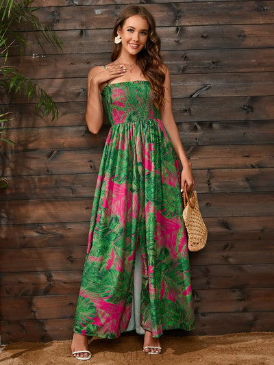 Slit Smocked Printed Spaghetti Strap Dress Trendsi OMDEL.COM