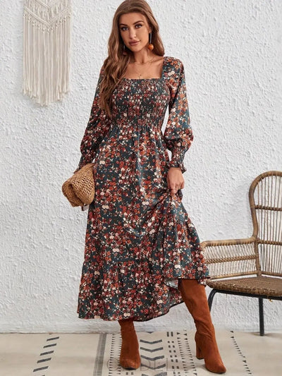 Smocked Floral Square Neck Long Sleeve Dress Trendsi OMDEL.COM