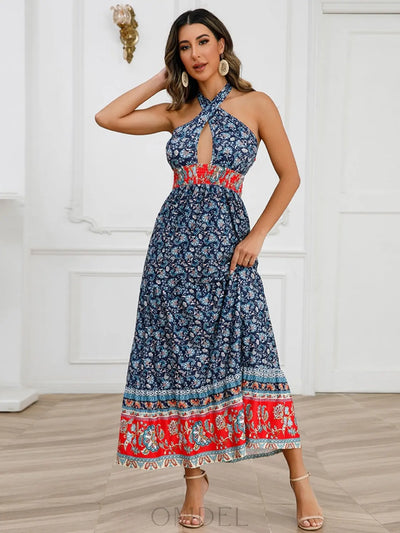 Smocked Printed Halter Neck Dress Trendsi OMDEL.COM