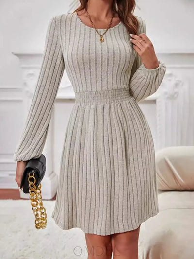 Smocked Round Neck Long Sleeve Knee Length Dress Trendsi OMDEL.COM