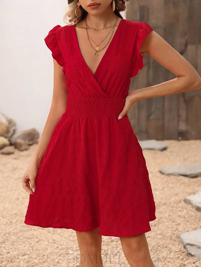 Smocked Ruffled Surplice Mini Dress Trendsi OMDEL.COM