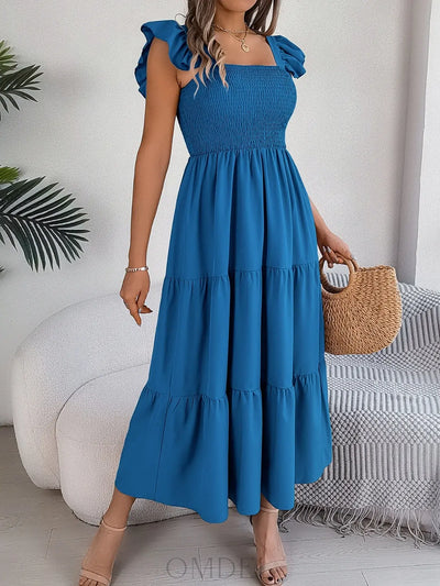 Smocked Square Neck Cap Sleeve Midi Dress Trendsi OMDEL.COM