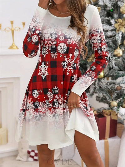 Snowflakes Plaid Round Neck Long Sleeve Dress Trendsi OMDEL.COM