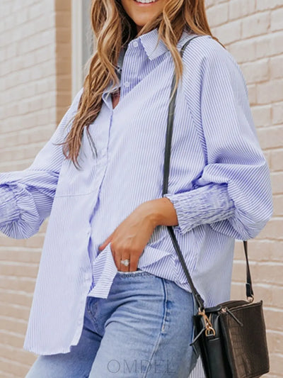 Striped Collared Neck Lantern Sleeve Shirt Trendsi OMDEL.COM