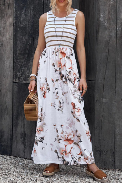 Striped Floral Round Neck Sleeveless Maxi Dress Trendsi OMDEL.COM