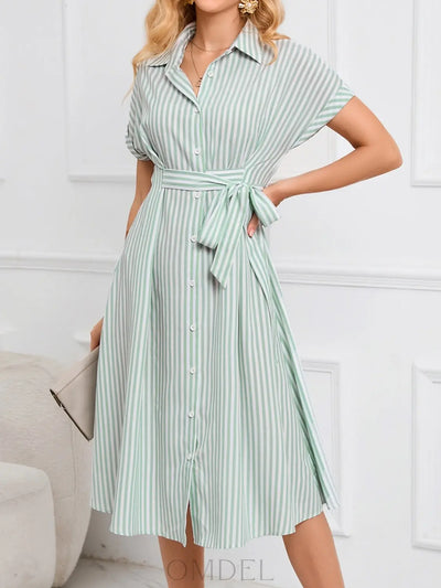 Striped Short Sleeve Tie Waist Midi Dress Trendsi OMDEL.COM