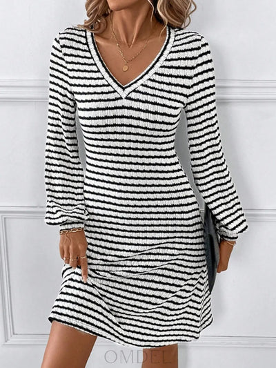 Striped V-Neck Long Sleeve Dress Trendsi OMDEL.COM