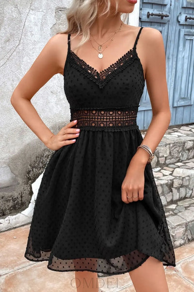 Swiss Dot Spaghetti Strap Spliced Lace Dress Trendsi OMDEL.COM