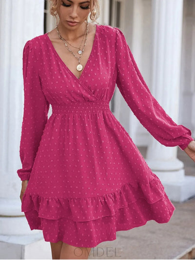 Swiss Dot Surplice Smocked Ruffle Hem Dress Trendsi OMDEL.COM