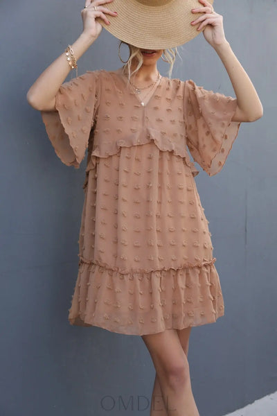 Swiss Dot V-Neck Flutter Sleeve Mini Dress Trendsi OMDEL.COM