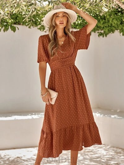 Swiss Dot V-Neck Ruffle Hem Dress Trendsi OMDEL.COM