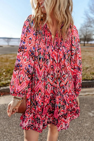 Tassel Printed Tie Neck Long Sleeve Dress Trendsi OMDEL.COM