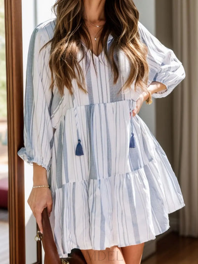 Tassel Striped Tie Neck Batwing Sleeve Dress Trendsi OMDEL.COM