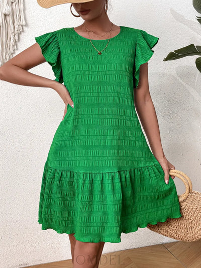 Textured Round Neck Ruffle Hem Dress Trendsi OMDEL.COM