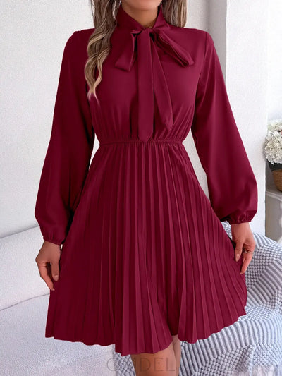 Tie Neck Balloon Sleeve Pleated Dress Trendsi OMDEL.COM