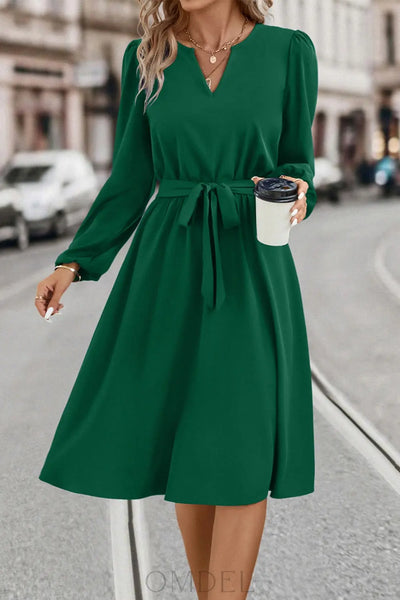 Tie Waist Notched Neck Long Sleeve Dress Trendsi OMDEL.COM