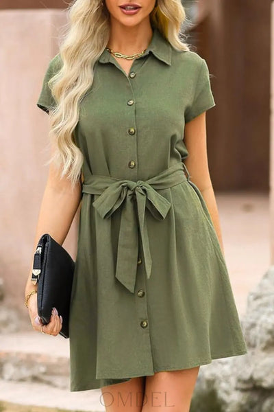 Tied Button Up Short Sleeve Dress Trendsi OMDEL.COM